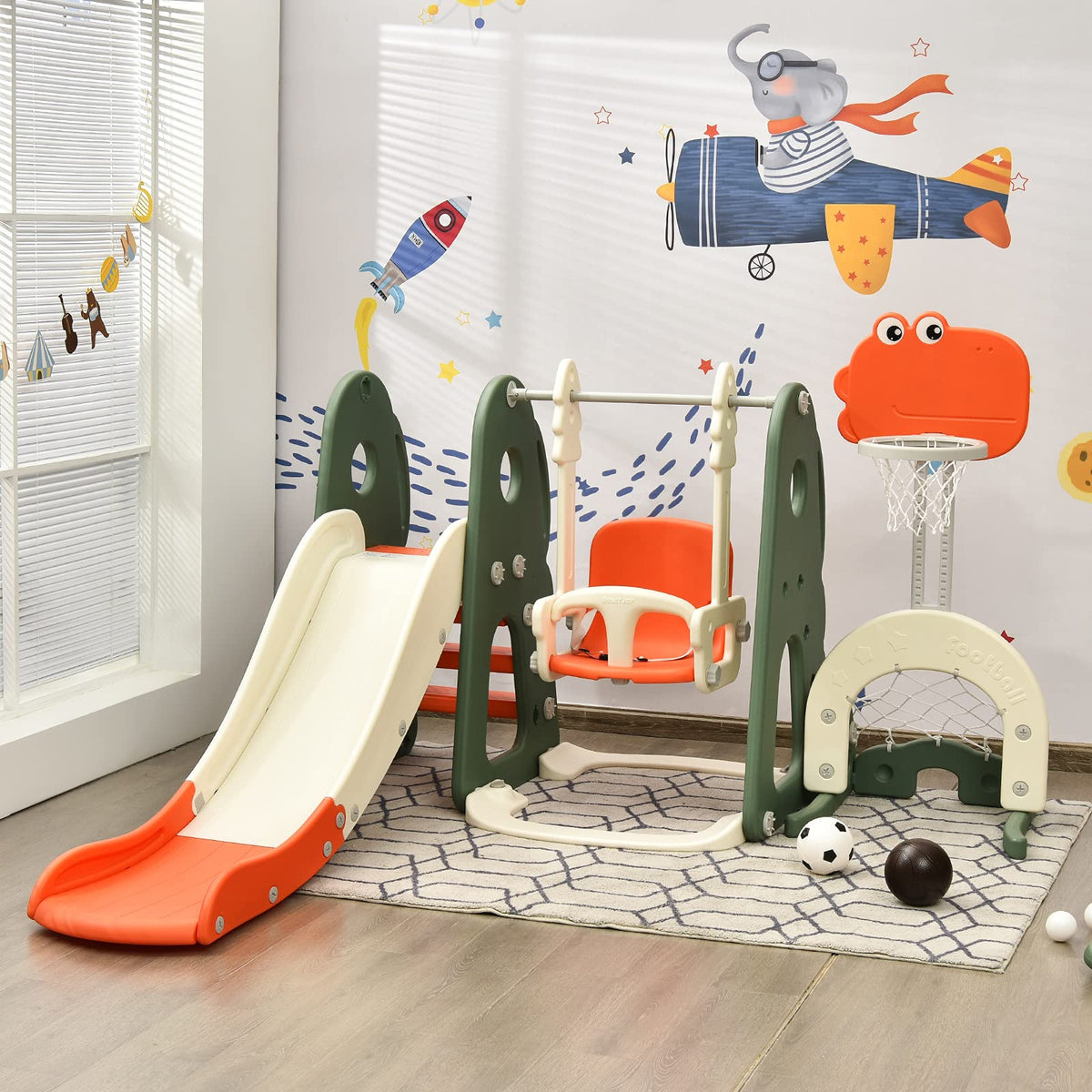 6 in 1 Climber Slide Playset with Basketball Hoop for Kids