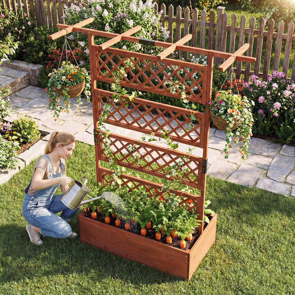185cm Planter Box with Trellis and Flat Roof for Climbing Plants