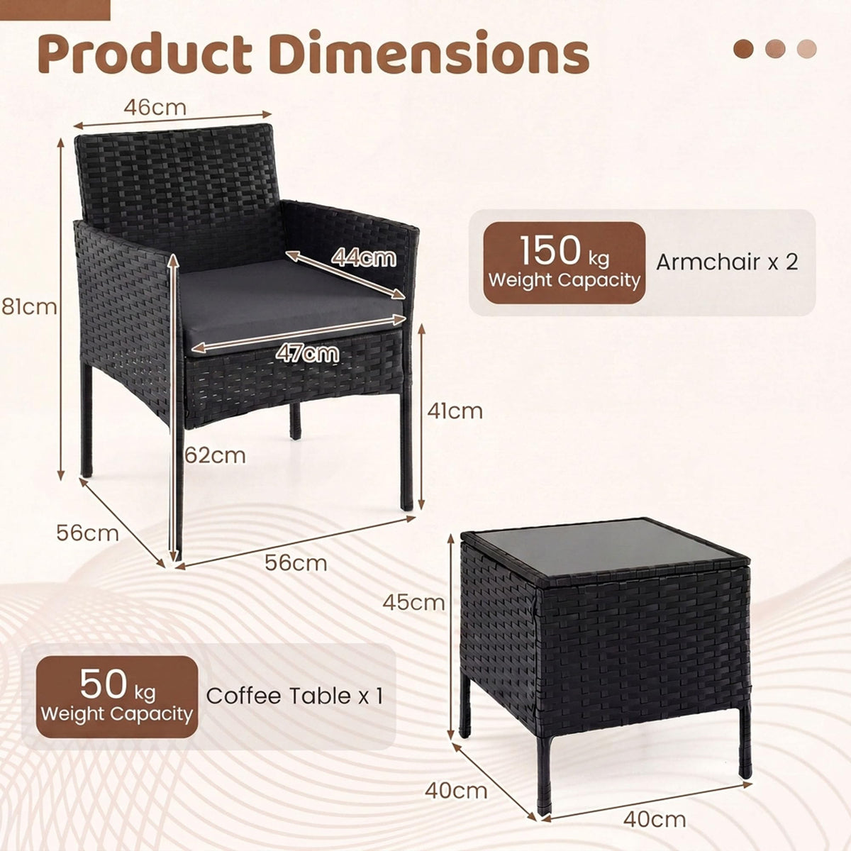 PE Rattan 3-Piece Patio Bistro Set with Tempered Glass Table