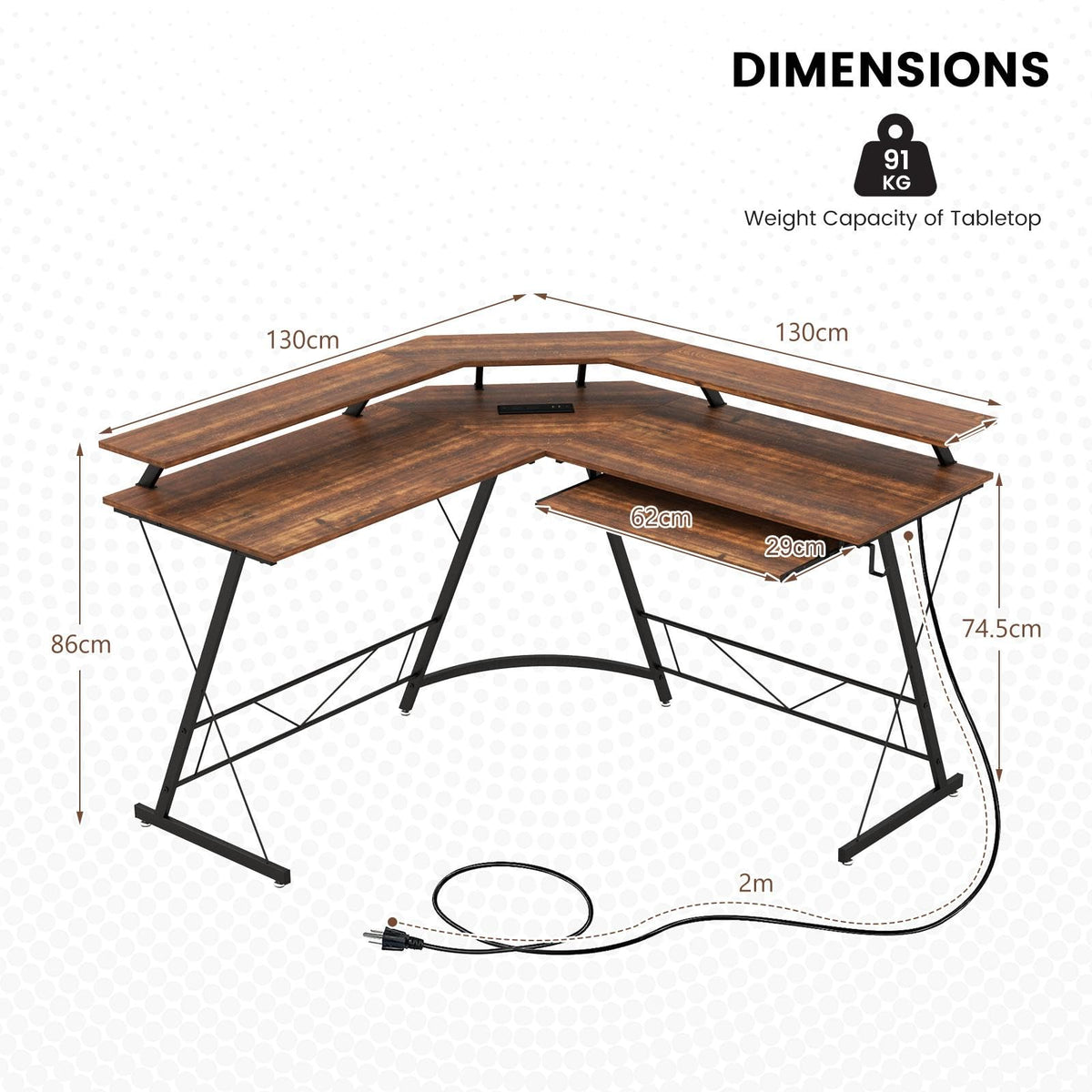 L-Shaped Computer Desk with Power Outlet, 130 cm Corner Computer Works ...