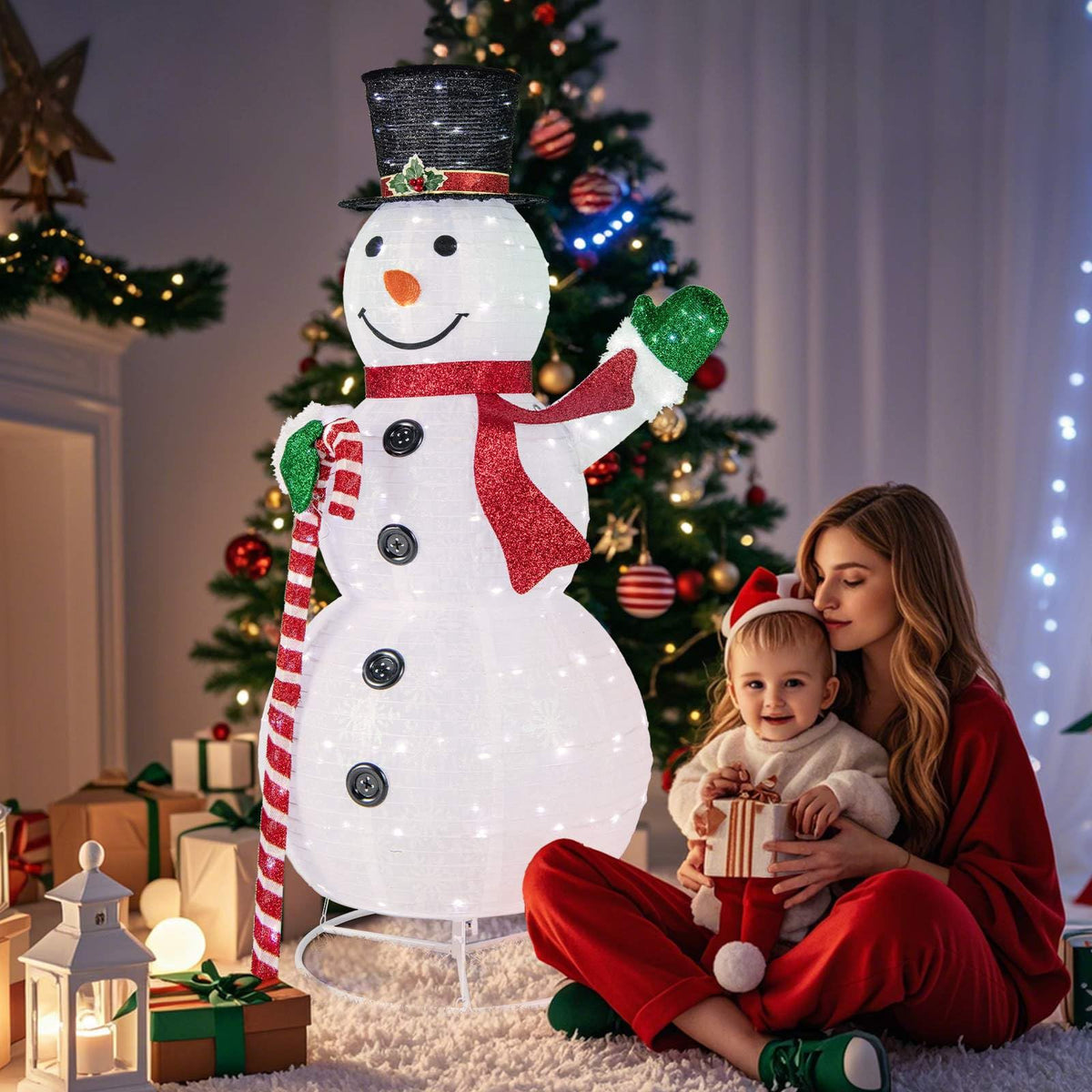 150 cm Lighted Pop-up Snowman, Large White Pre-lit Christmas Decoration w/ 180 LED Lights