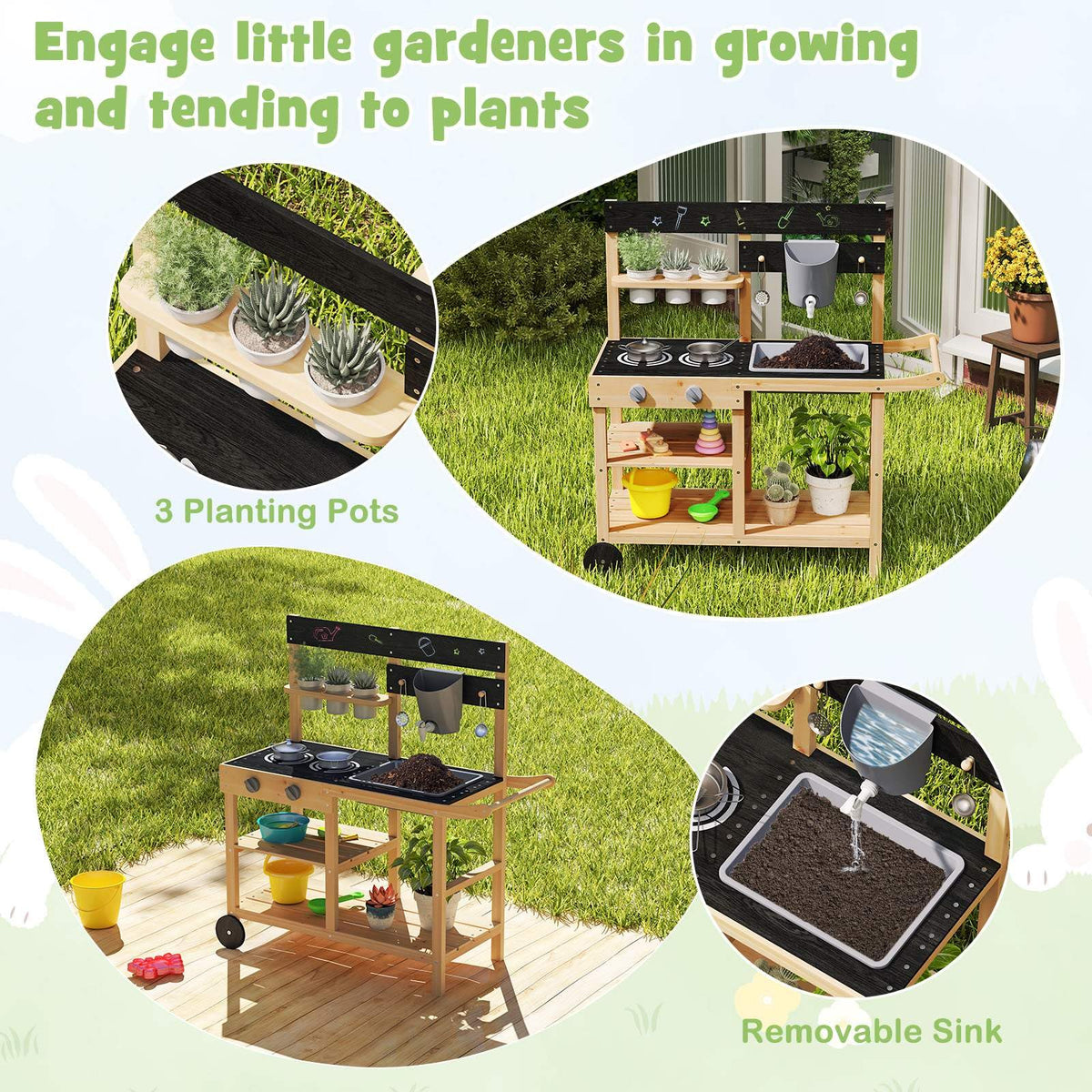 Outdoor Fir Wood Play Kitchen w/Blackboard, Planting Pots, Sink