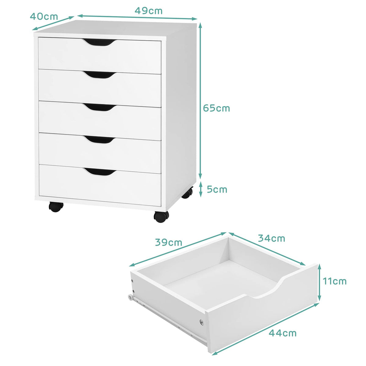 5-Drawer File Cabinet, Side Cabinet File Pedestal w/ 4 Castors