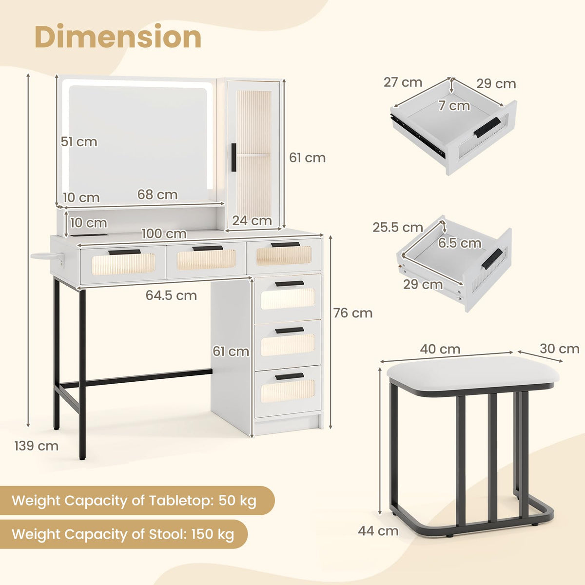 Giantex Makeup Vanity Table with Mirror and Lights, Dressing Table and Stool Set with Charging Station