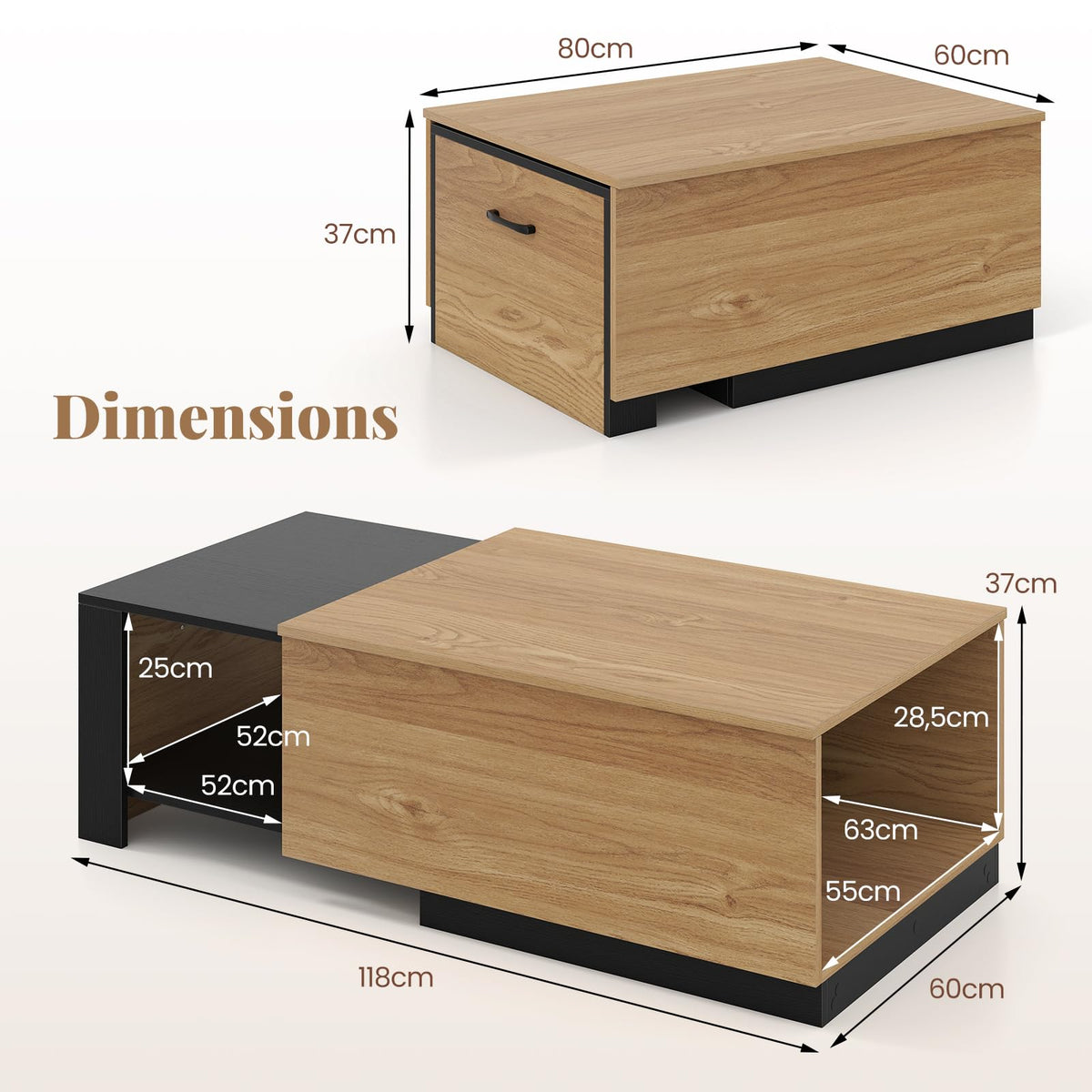 Extendable Coffee Table with 2 Storage Compartments Dual-Tone Center Table