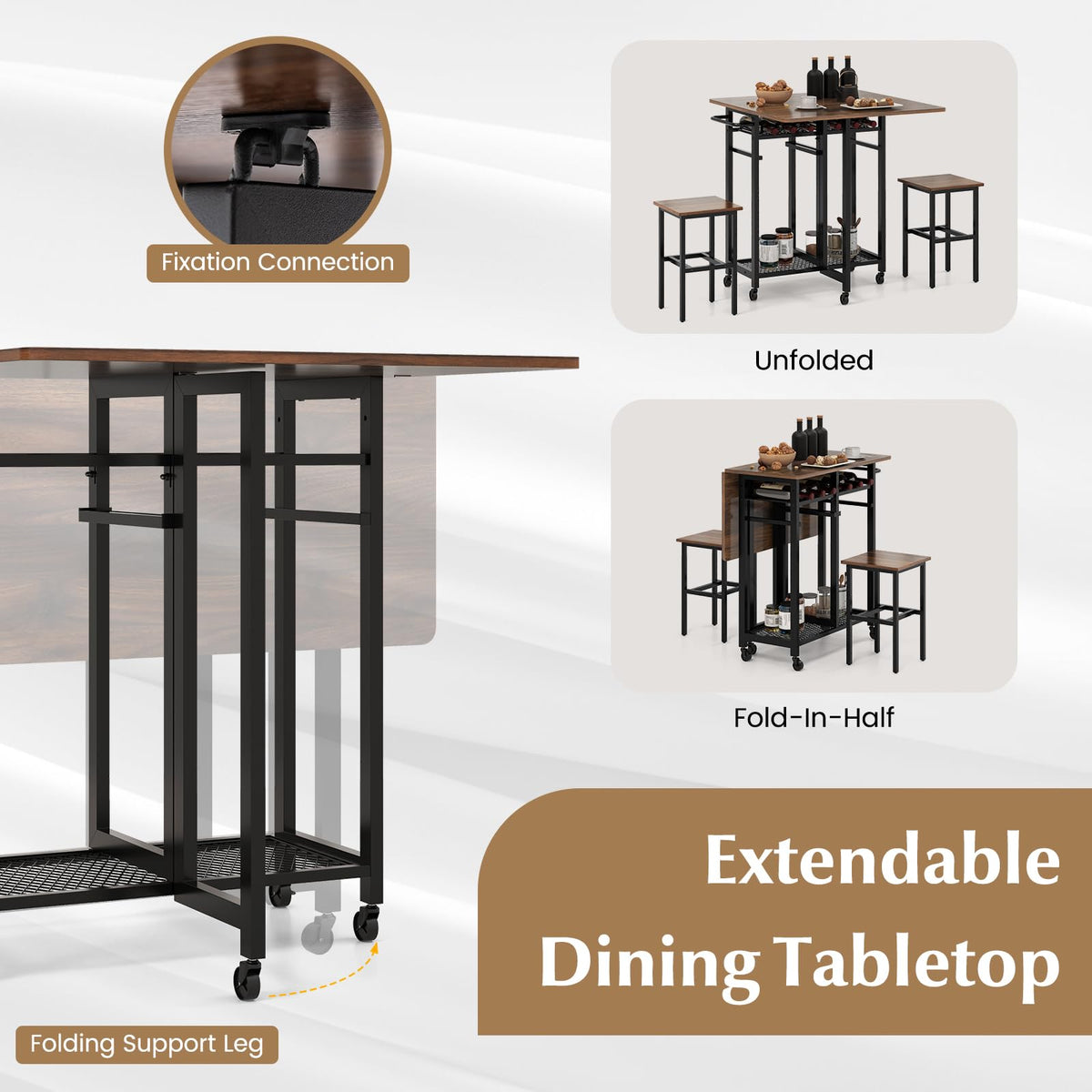 Giantex 3 Piece Rolling Dining Room Table Set with 6-Bottle Wine Rack