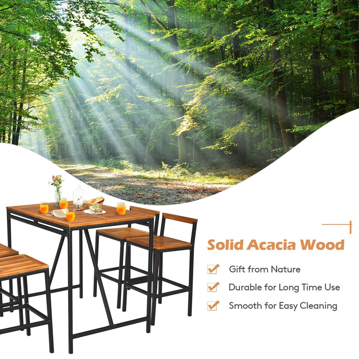 5-Piece Outdoor Acacia Wood and PE Rattan Bar Set