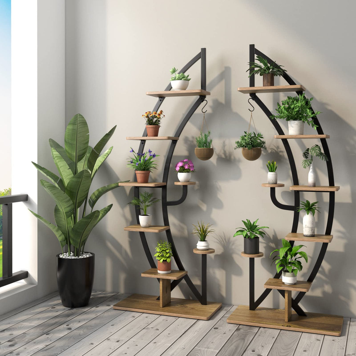 6-Tier Tall Metal Plant Stand Rack, Curved Half Moon Shape Ladder Planter Shelf W/ Top Hook