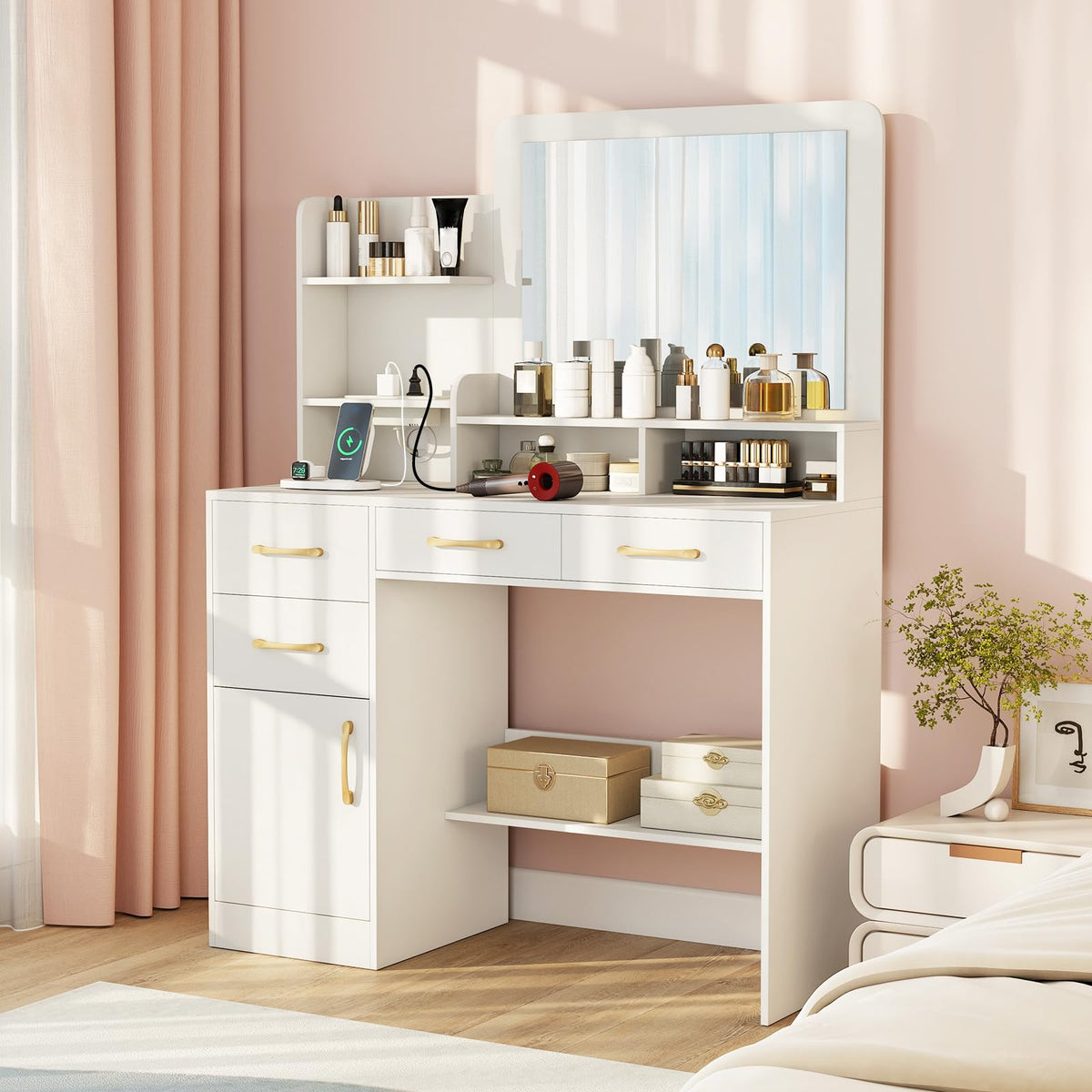 Vanity Desk with Mirror Charging Station USB and Type-C Ports