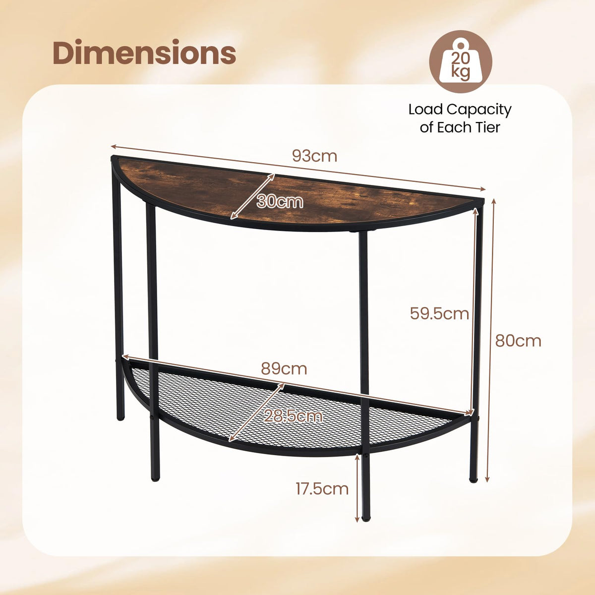 Half Moon Console Table 2-Tier Narrow Entryway Table with Storage Shelf