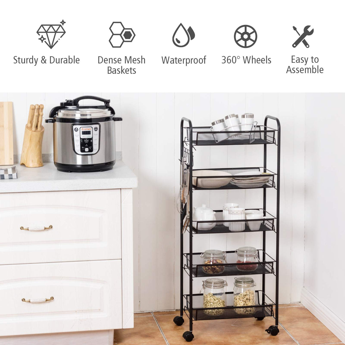 Giantex Serving Trolley Cart w/ 5 Levels, Storage Trolley, Side Kitchen Trolley, Kitchen Organizer Utility Cart for Kitchen