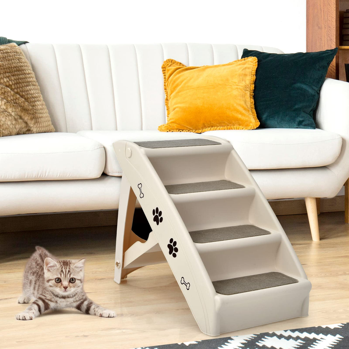 4 Steps Folding Dog Ramp Stairs, Portable Pet Climbing Ladder