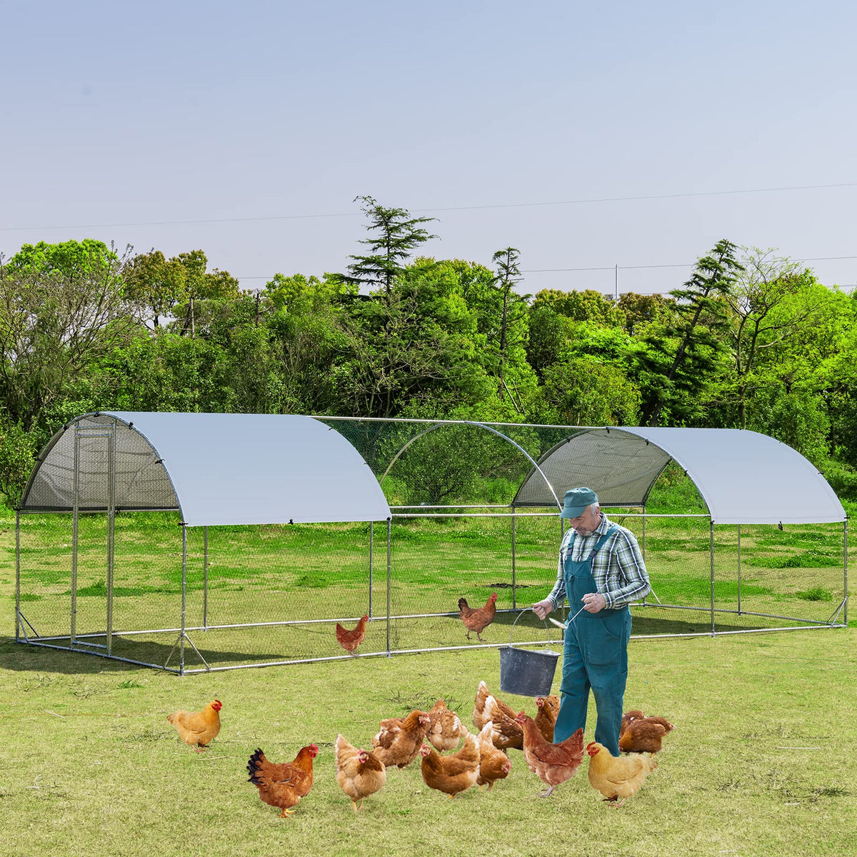 Large Metal Chicken Coop, Galvanized Walk in Poultry Cage with Waterproof and Sun-Protective Cover