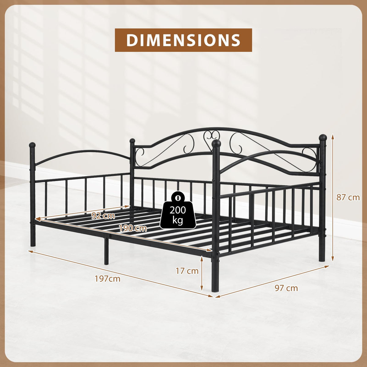 Giantex Metal Daybed Frame, 190 x 90 cm Sofa Bed with Classic Headboard