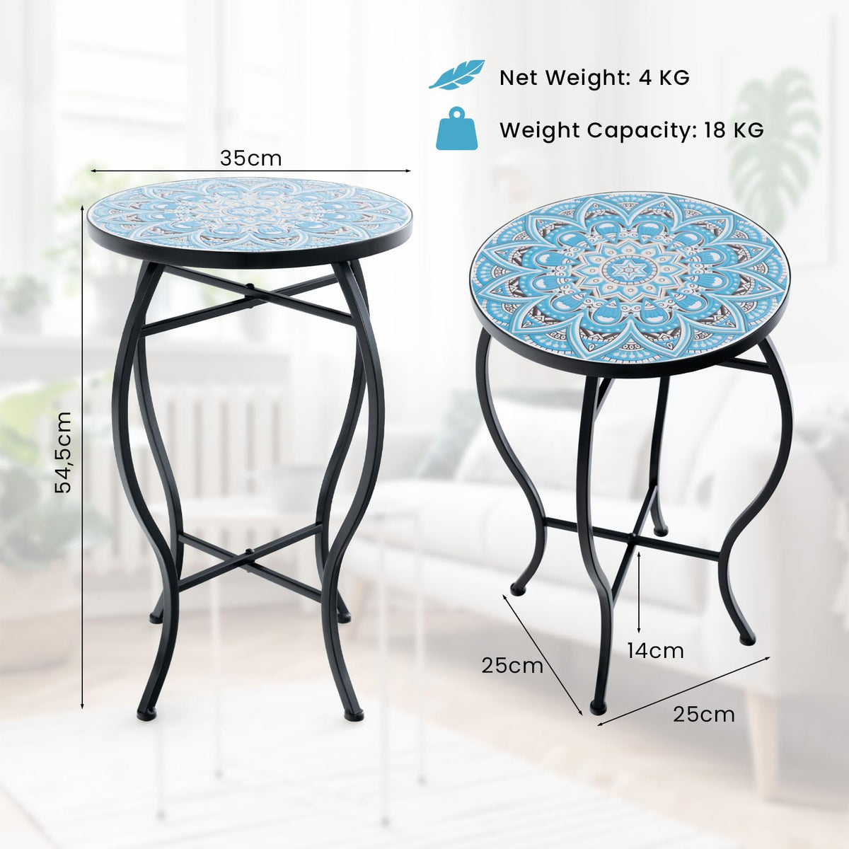 Porch Plant Stand Side Table 35cm with Ceramic Tile
