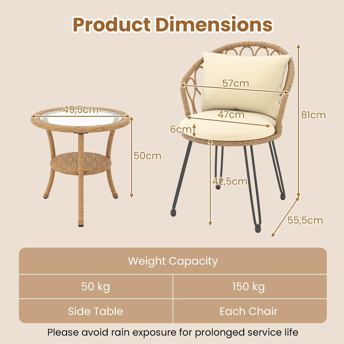 3 Pieces PE Wicker Patio Bistro Set, Outdoor Conversation Set