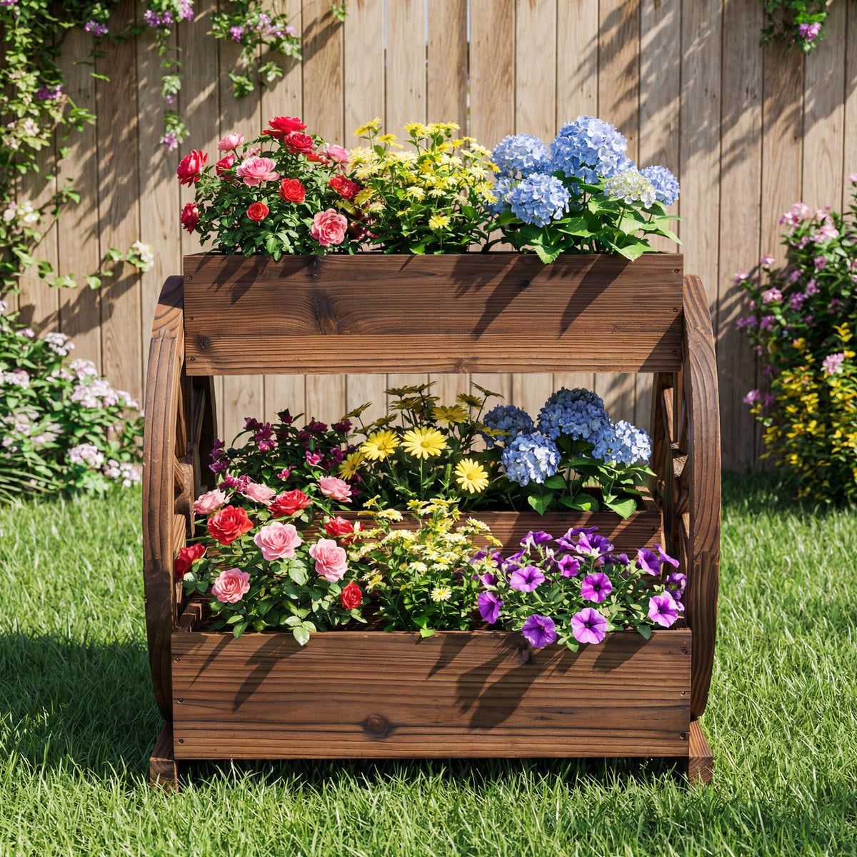 Wood Wagon Planter 2-Tier with 3 Growing Boxes and Wheels