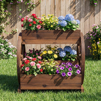 Wood Wagon Planter 2-Tier with 3 Growing Boxes and Wheels