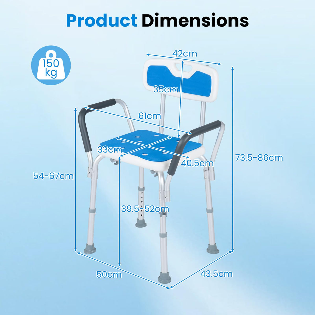 6-PositionAdjustable Height Shower Chair with Back and Arms