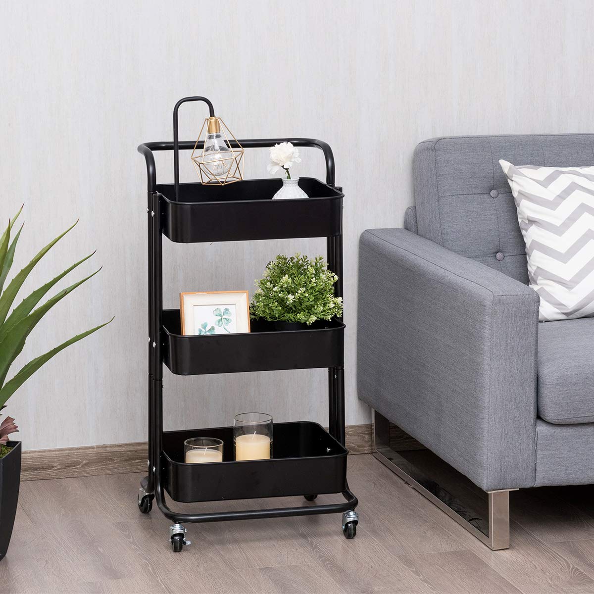 Giantex 3-Tier Metal Rolling Utility Cart with Lockable Wheels, Storage Shelves Service Trolley