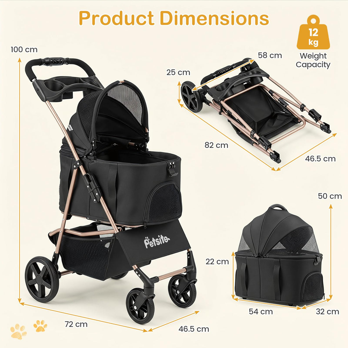 3-in-1 Pet Stroller for Dogs with Detachable Carrier and Cup Holder