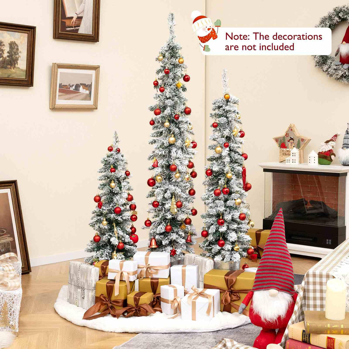 Set of 3 Snow-Flocked Christmas Tree with Silver Metal Buckets for Decoration