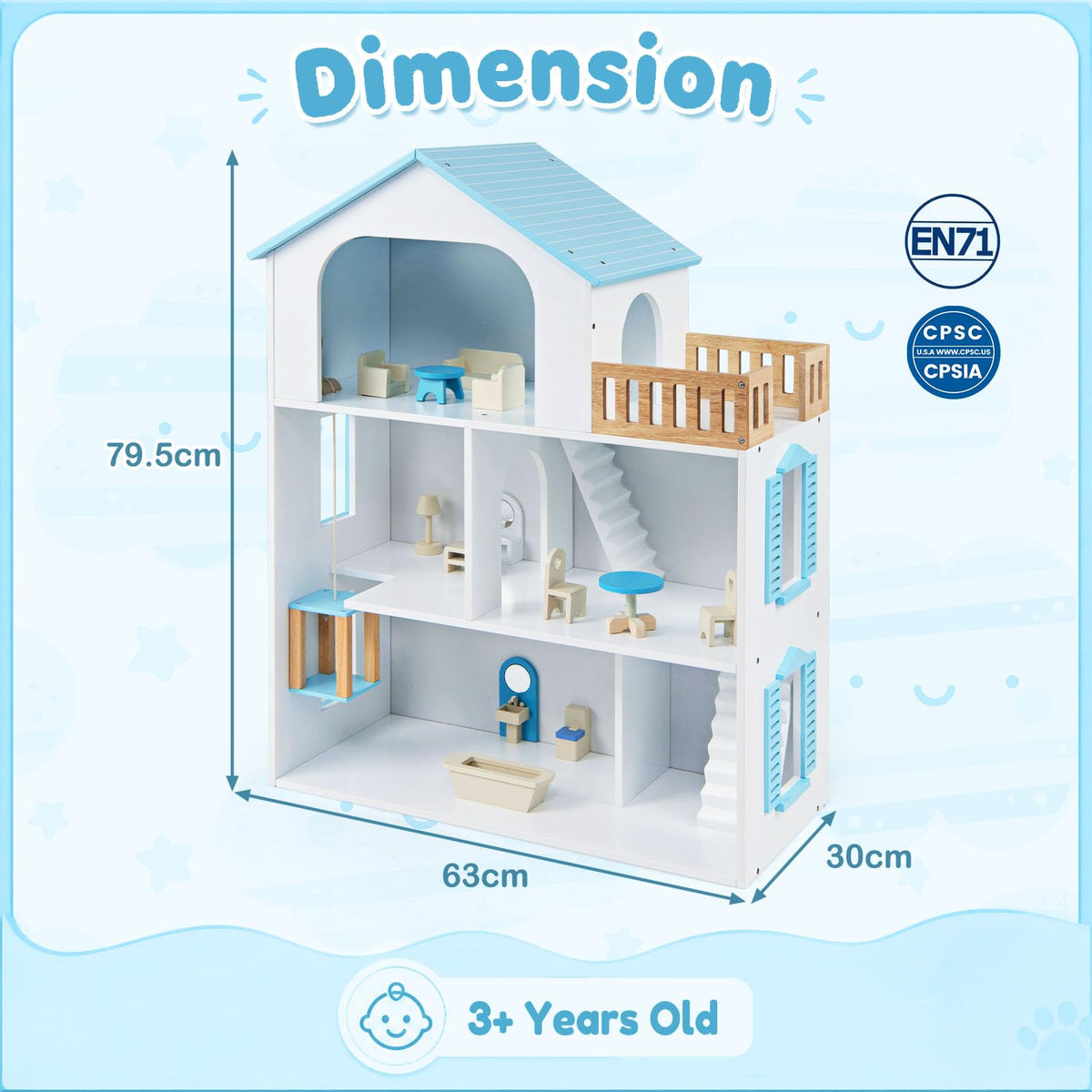 3-Story Wooden Dollhouse Playset for Kids