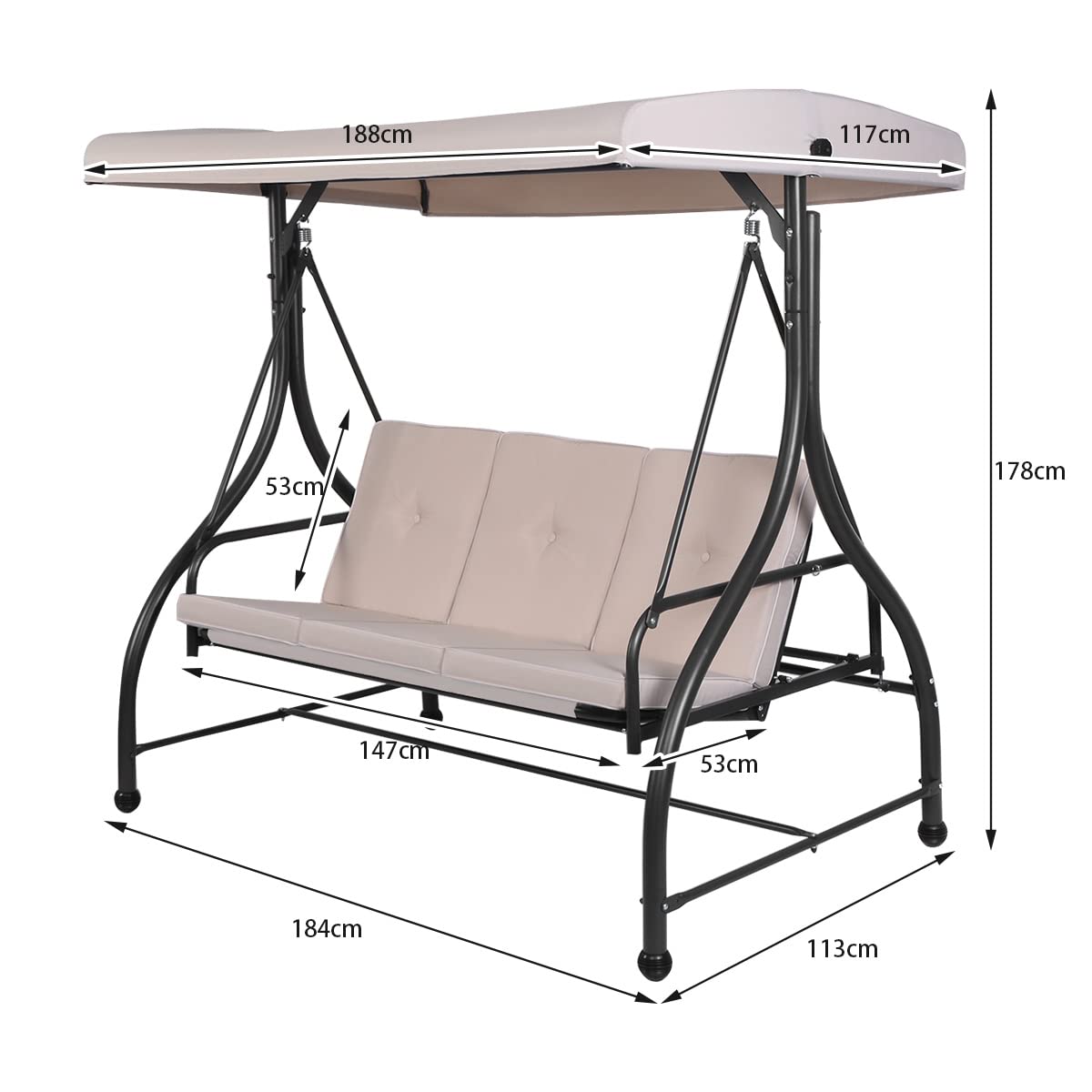 3-Person Convertible Canopy Swing with 3 Comfortable Cushion Seats for Garden & Balcony