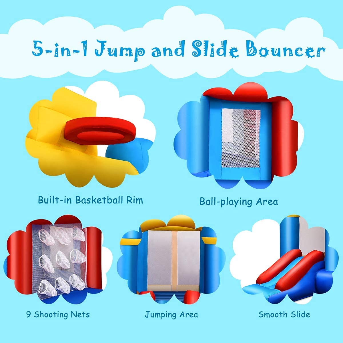 5-in-1 Inflatable Bounce House, Kids Jumper Bouncer w/Slide, Ball Shooting Area