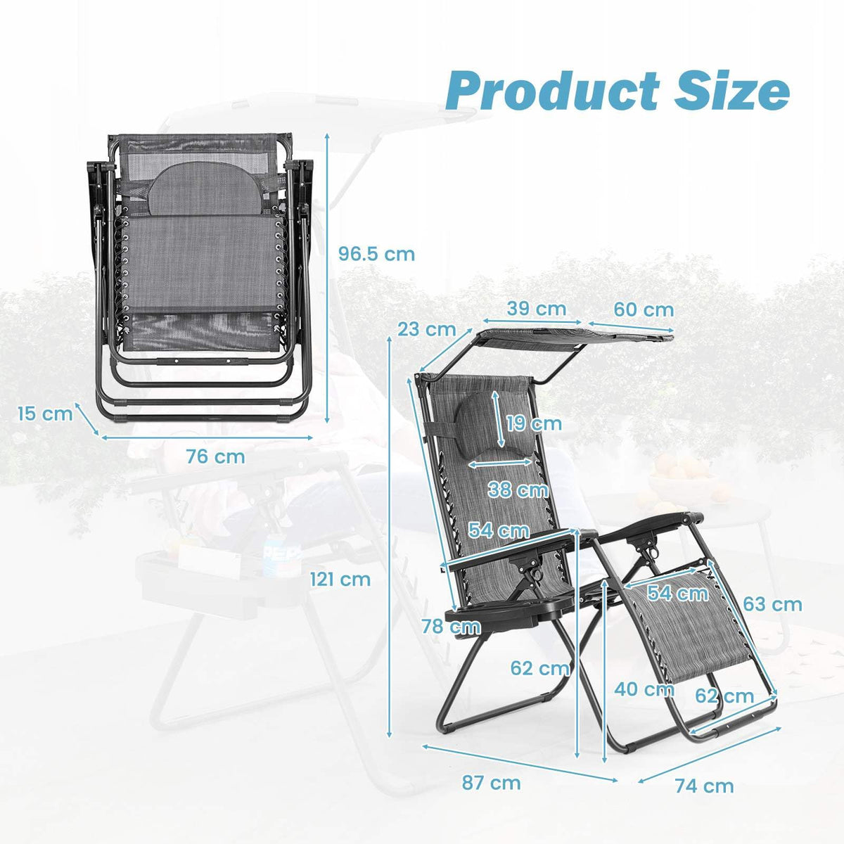 Large Folding Recliner with Awning and Headrest