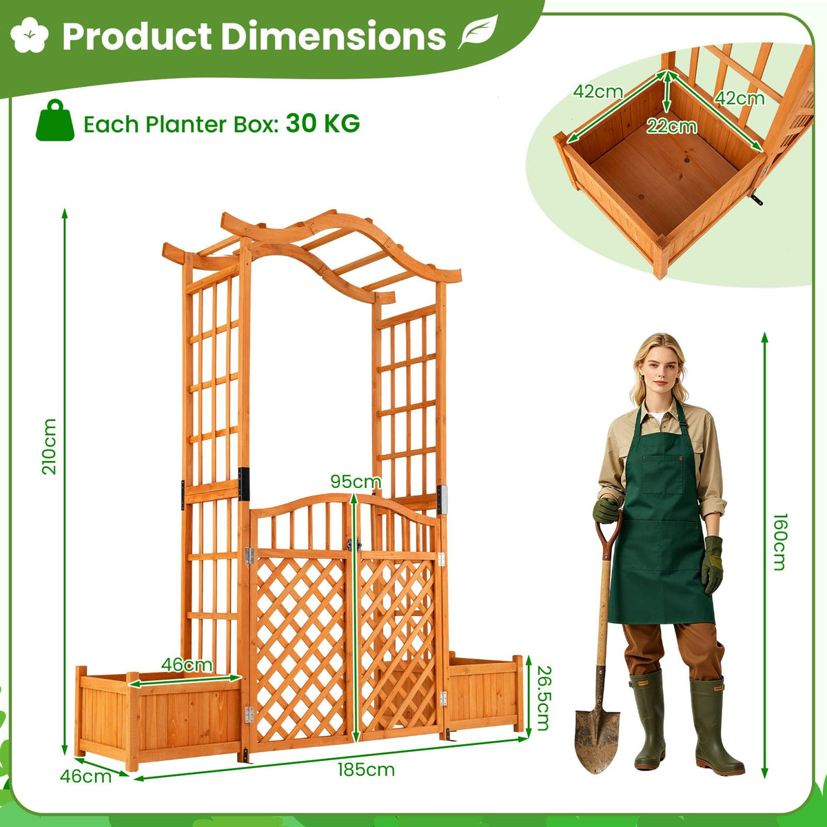 Garden Arbor with Gate and 2 Planter Boxes for Backyard