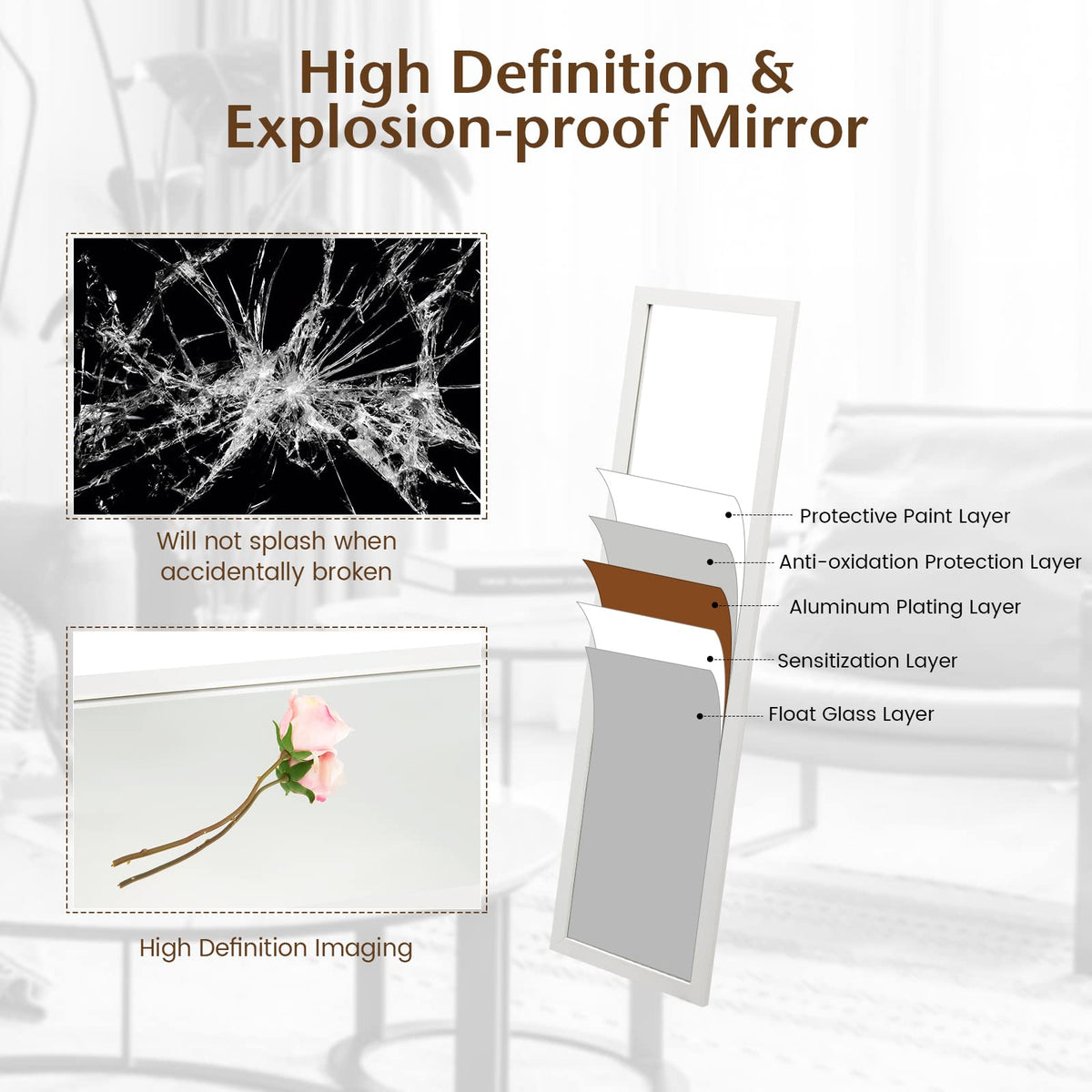 Full Length Over The Door Mirror, Full Length Mirror with Hanging Hooks for Door , White