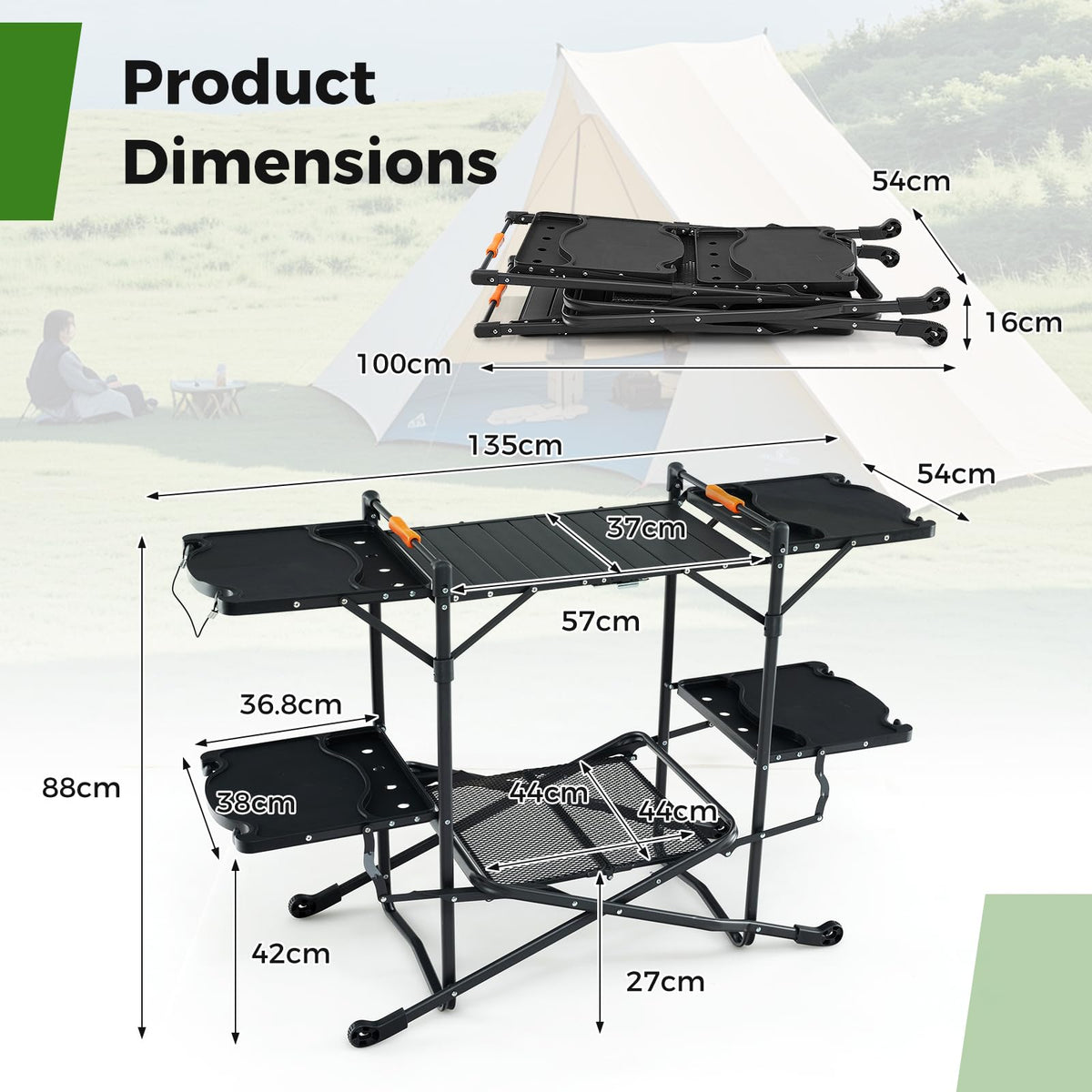 Camping Kitchen Table Folding Portable Outdoor Cook Station with 4 Side Tables