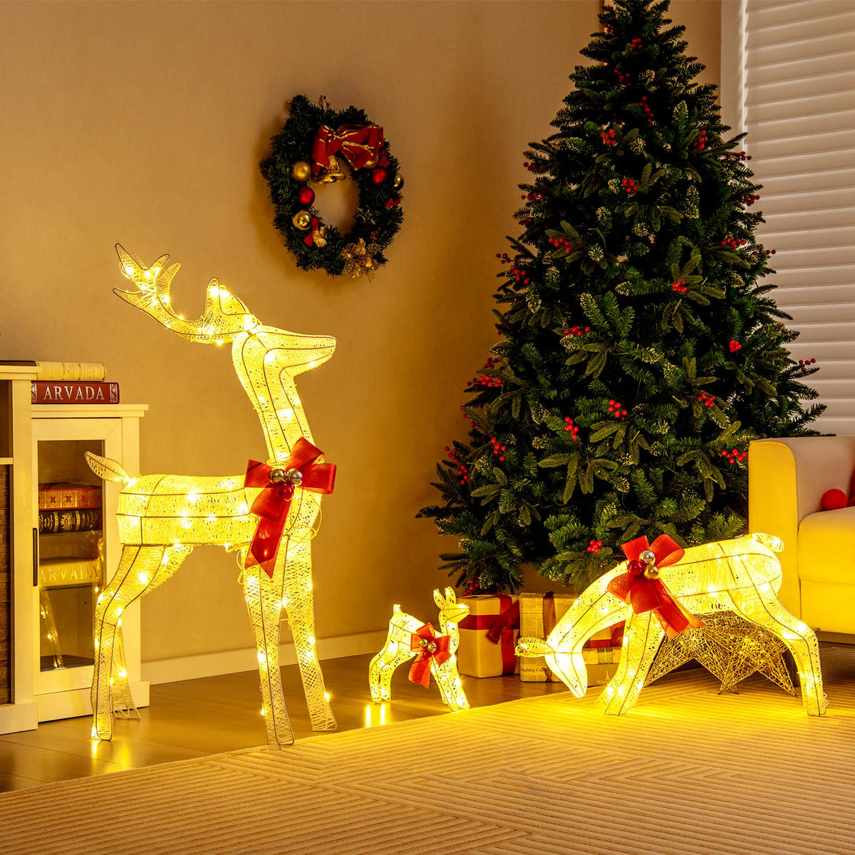 3 Pieces Lighted Reindeer Family Set, Pre-lit Christmas Decoration w/ 230 LED Lights, Stakes