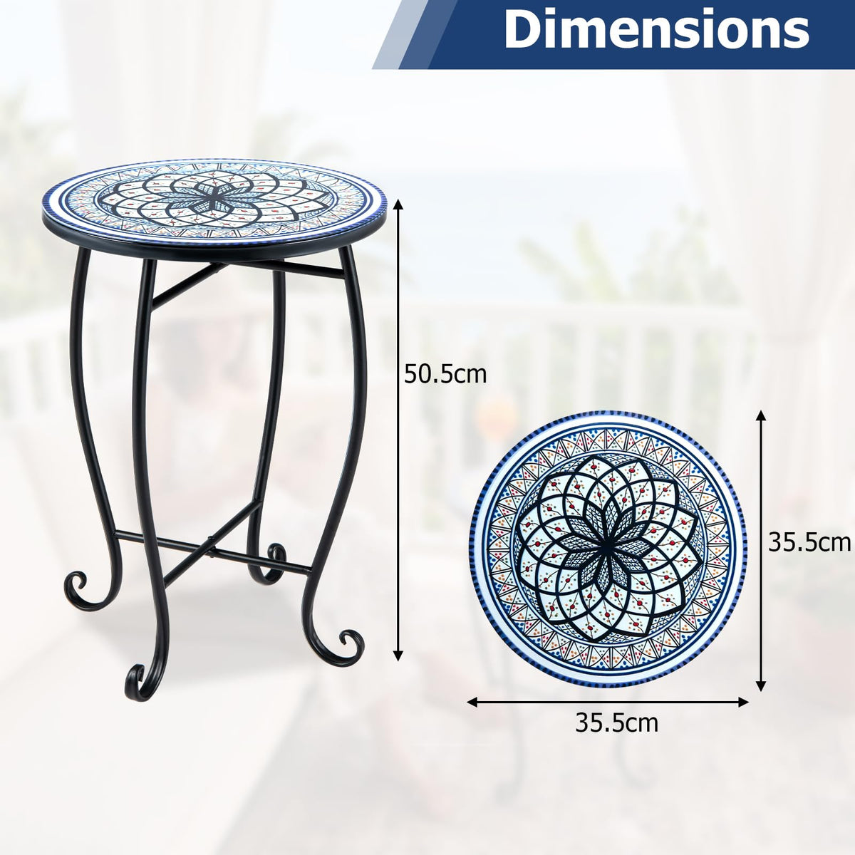 Outdoor Side Table Mosaic Patio Accent 35.5cm Coffee End Table