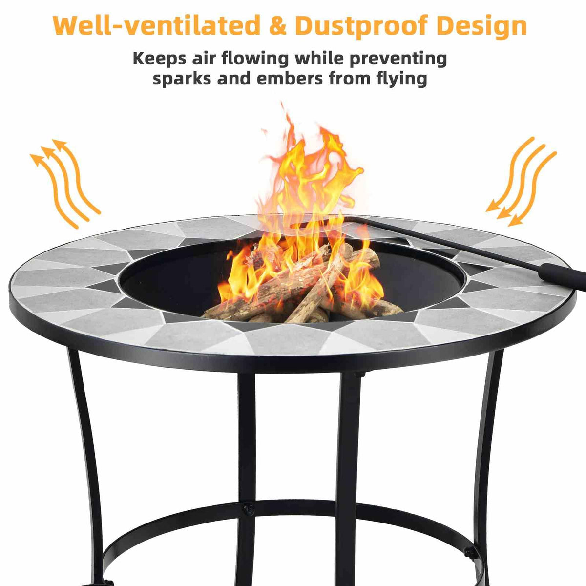 Outdoor Round Fire Pit Table with Mesh Screen Lid and Fire Poker