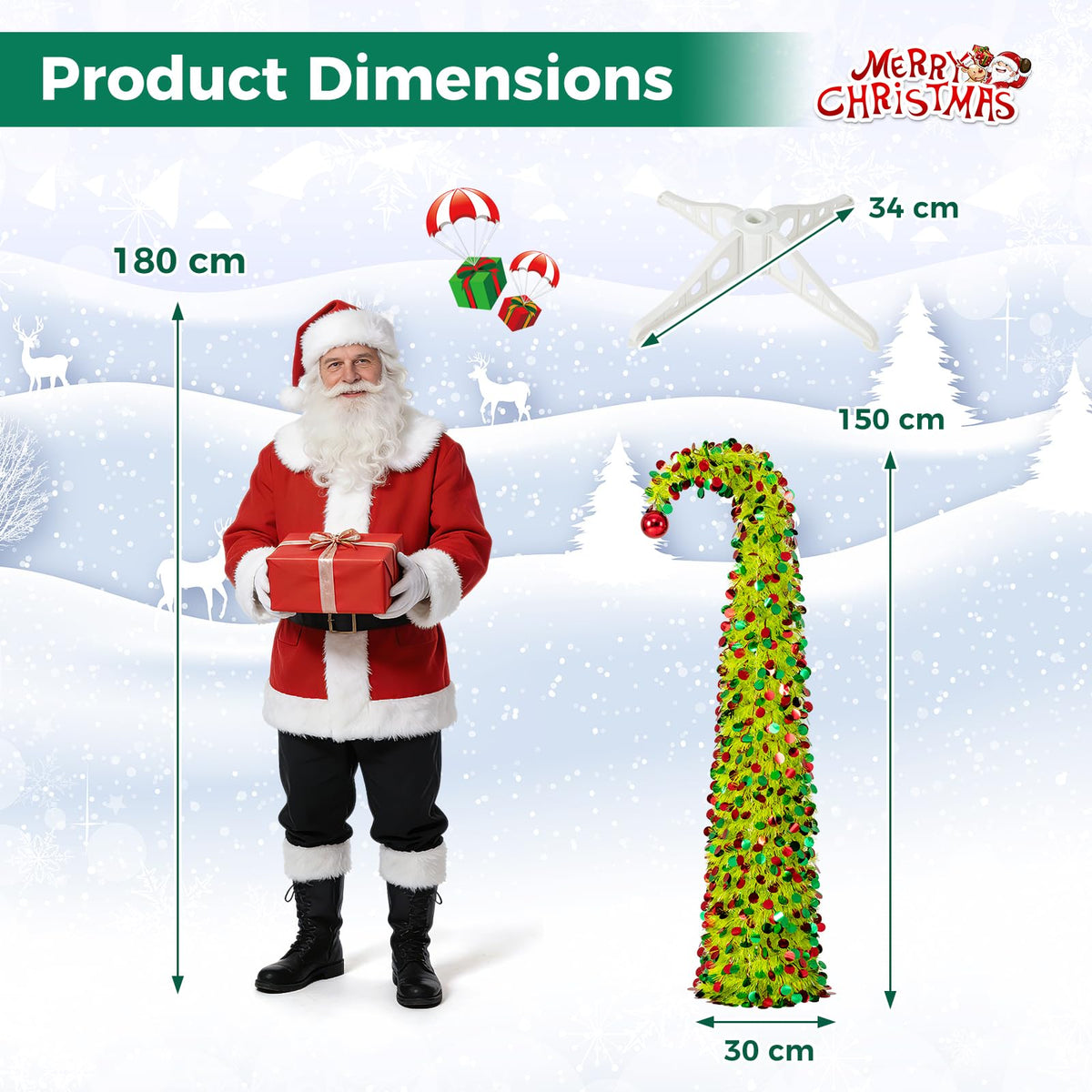 150 cm Pop Up Whimsical Christmas Tree with Top Ball Ornament for Home Office