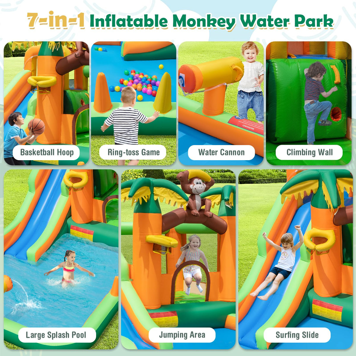 7-in-1 Bounce House Water Park w/Splash Pool, Water Cannon, Ring-toss Game, Climbing Wall