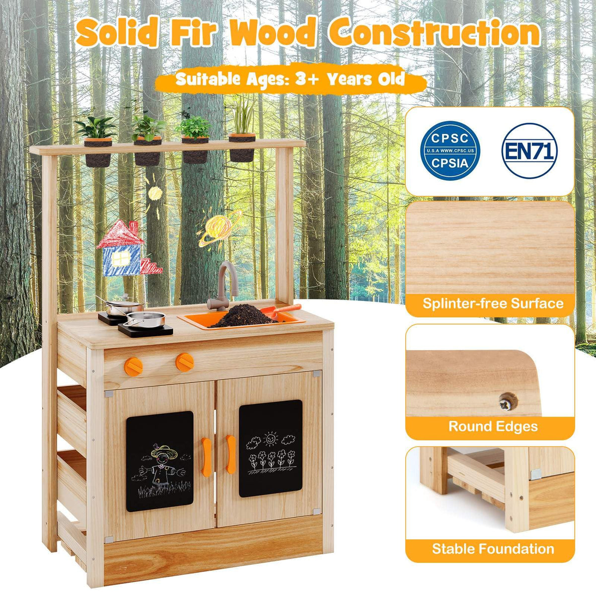 Mud Kitchen for Kids, Fir Wood Kitchen Playset with Planting Pots, Cookware, Stoves, Faucet, Sink & Blackboards