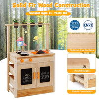 Mud Kitchen for Kids, Fir Wood Kitchen Playset with Planting Pots, Cookware, Stoves, Faucet, Sink & Blackboards