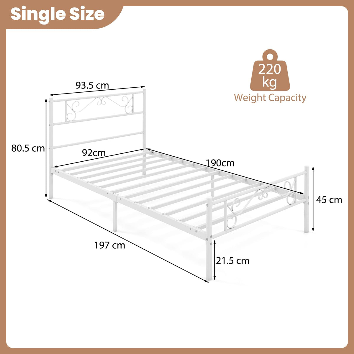 Single Size Metal Bed Frame with Floral Headboard and Footboard
