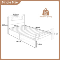 Single Size Metal Bed Frame with Floral Headboard and Footboard