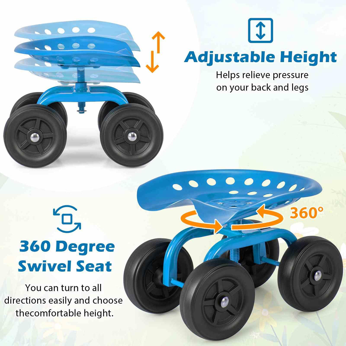 Garden Cart with Seat, Heavy-Duty Rolling Outdoor Wagon Scooter w/Height Adjustable & 360° Swivel Seat