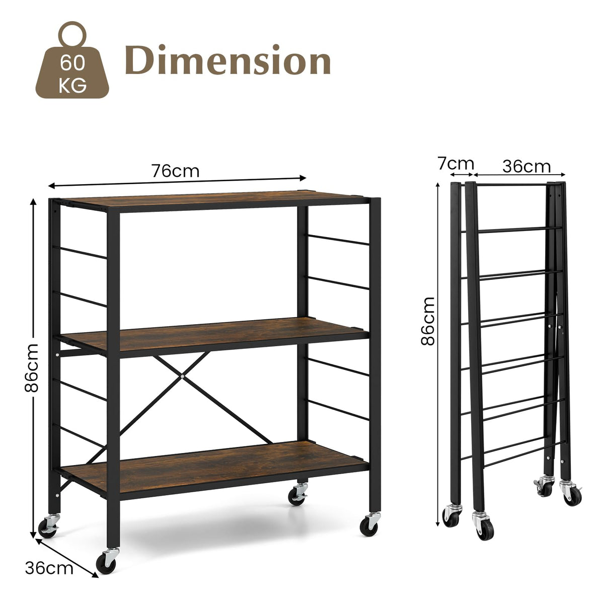 Giantex 3-Tier Foldable Shelving Unit, Heavy Duty Metal Shelves with Detachable Wheels