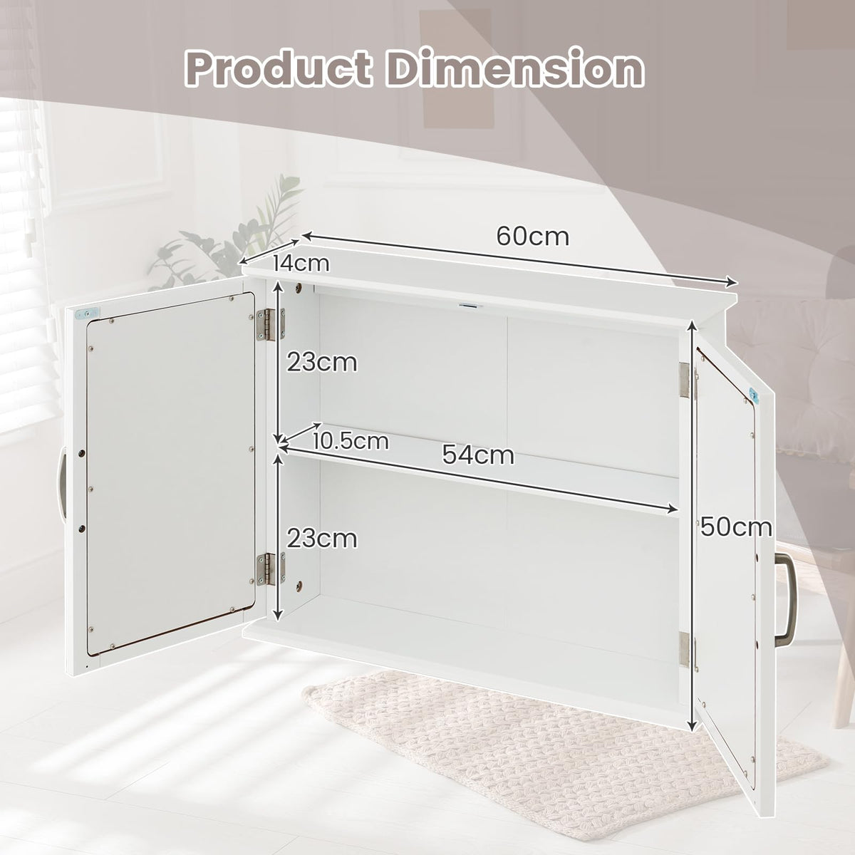 Mirrored Bathroom Wall Cabinet with Double Mirrored Doors and Two Shelves