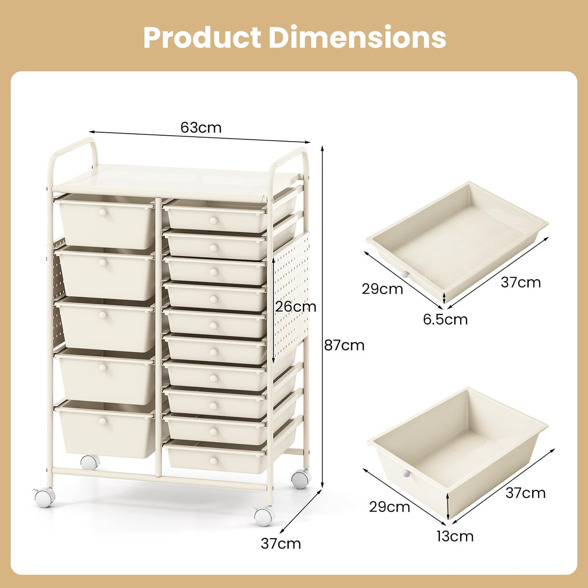 Giantex 15-Drawer Rolling Cart with Pegboard & Metal Frame