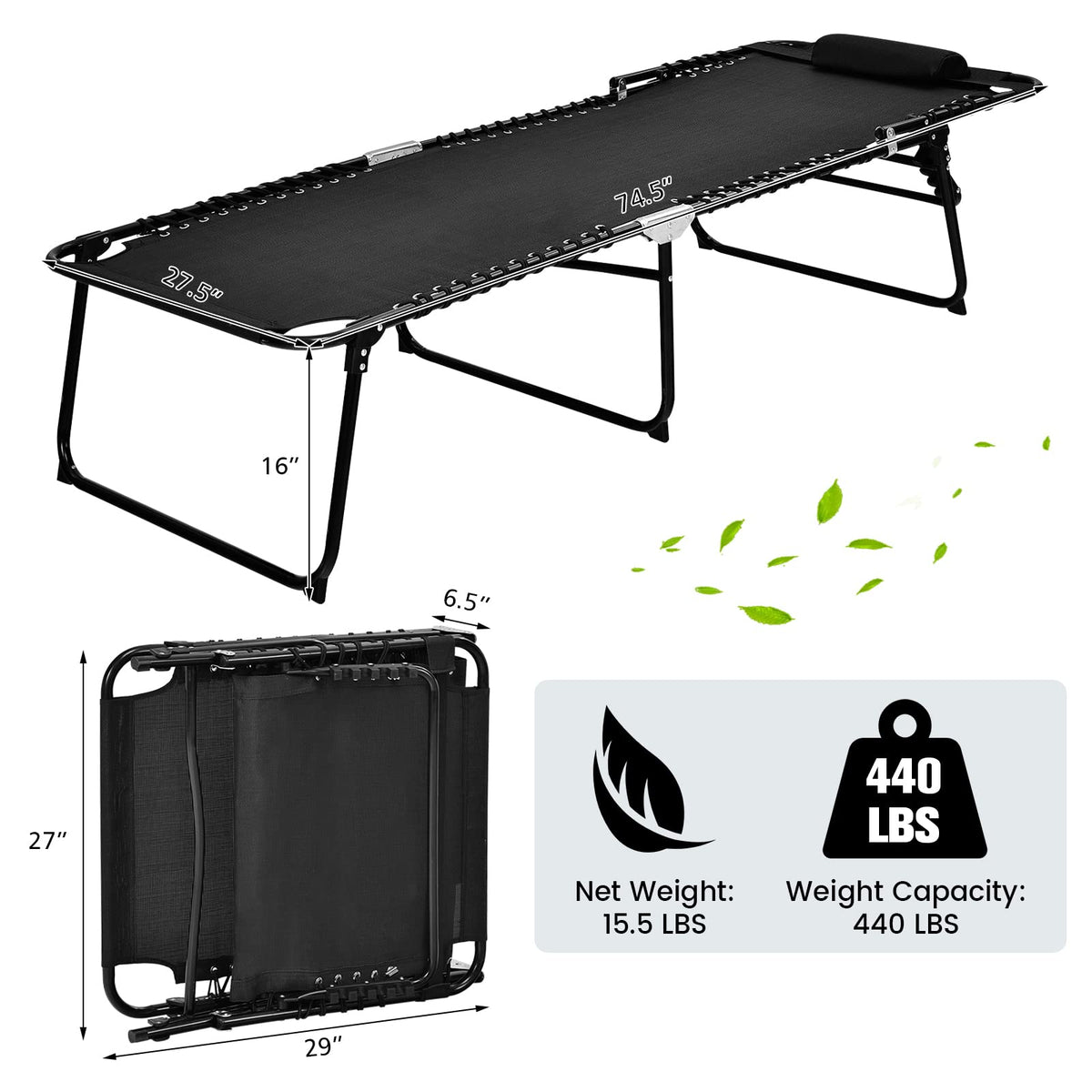 Patio Folding Chaise Lounge with 4-Level Backrest & Detachable Headrest Outdoor（70cm）
