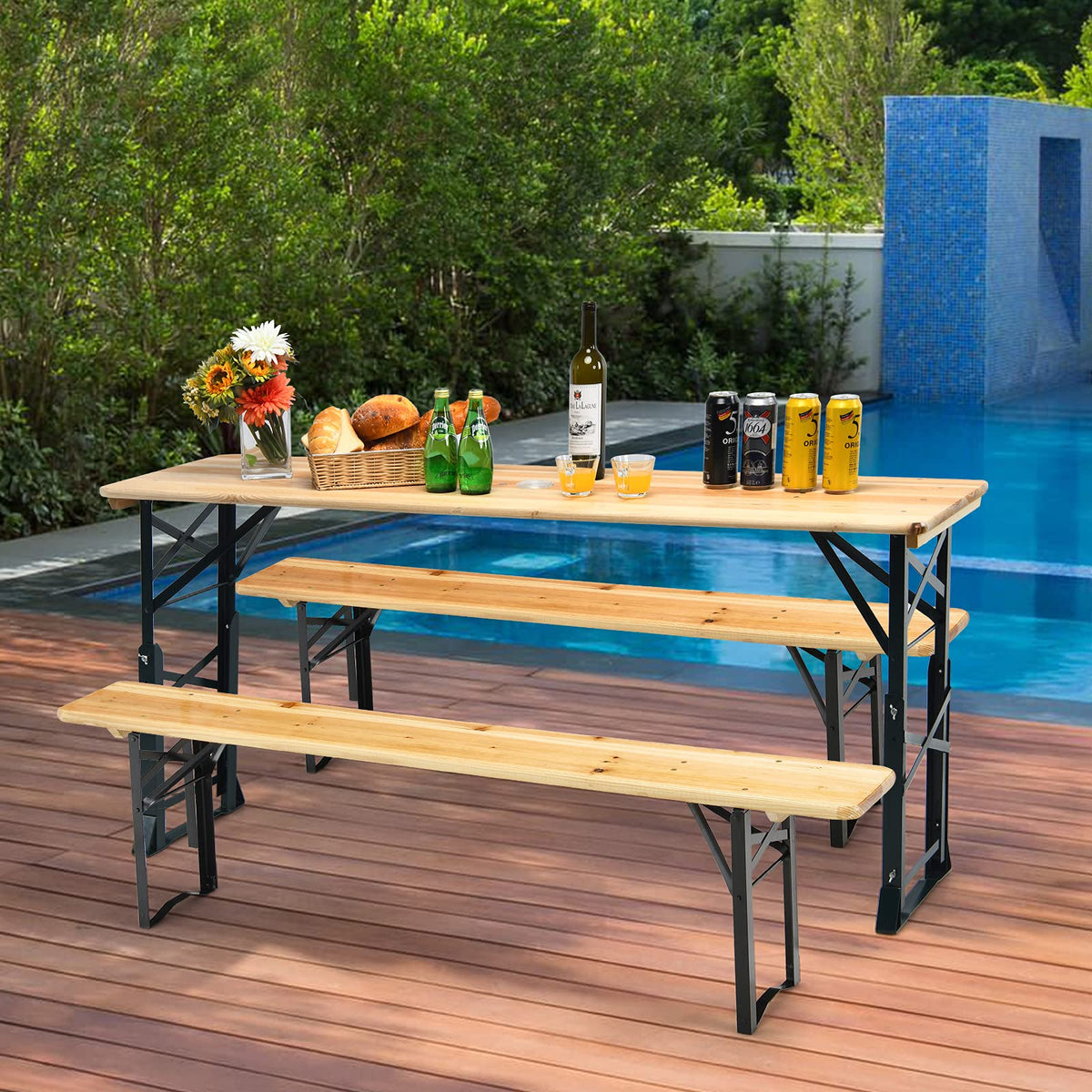 Patio Folding Picnic Table, Outdoor Large Beer Table with Adjustable Heights