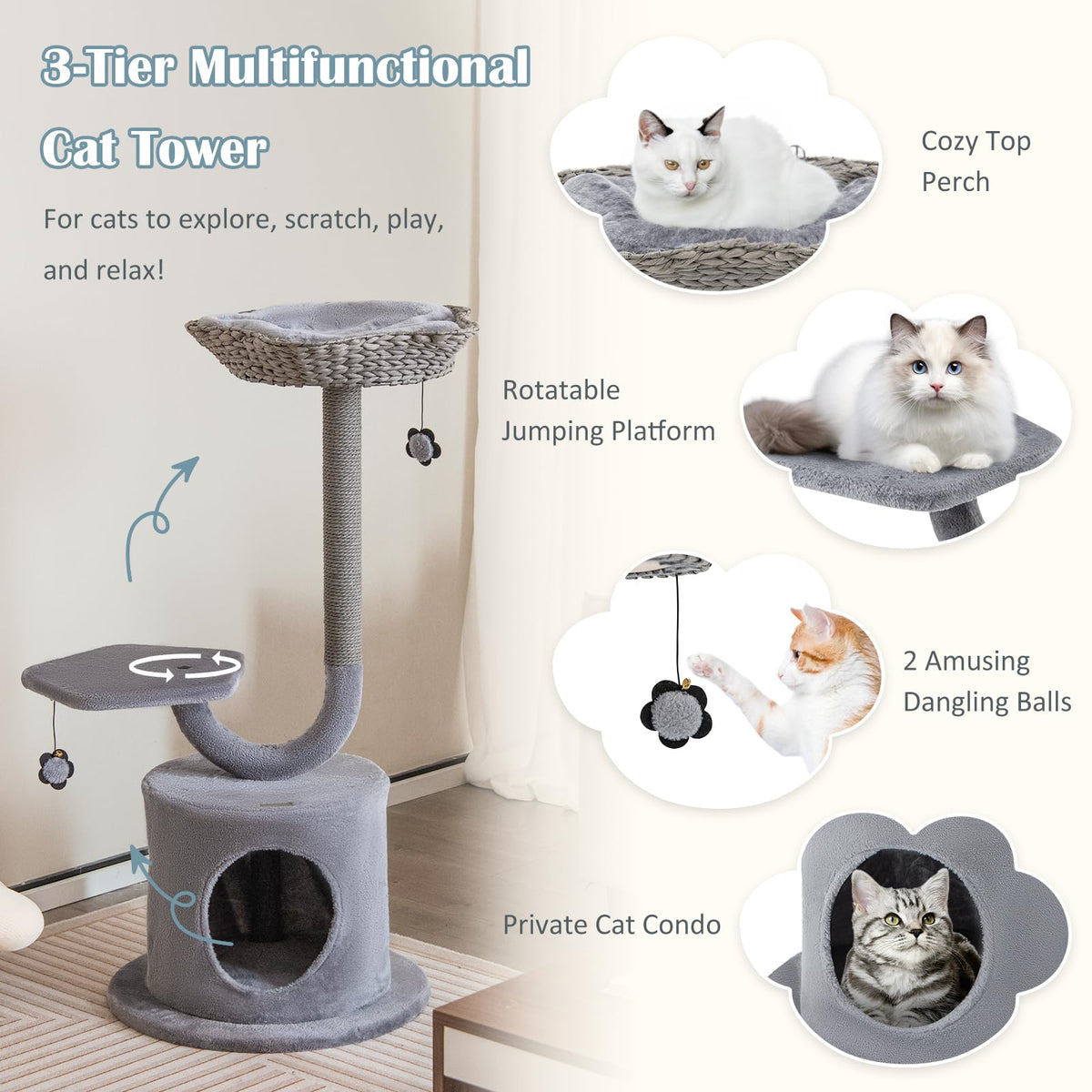 Cat Tree for Indoor Cats, 106 CM Tall Cat Tower