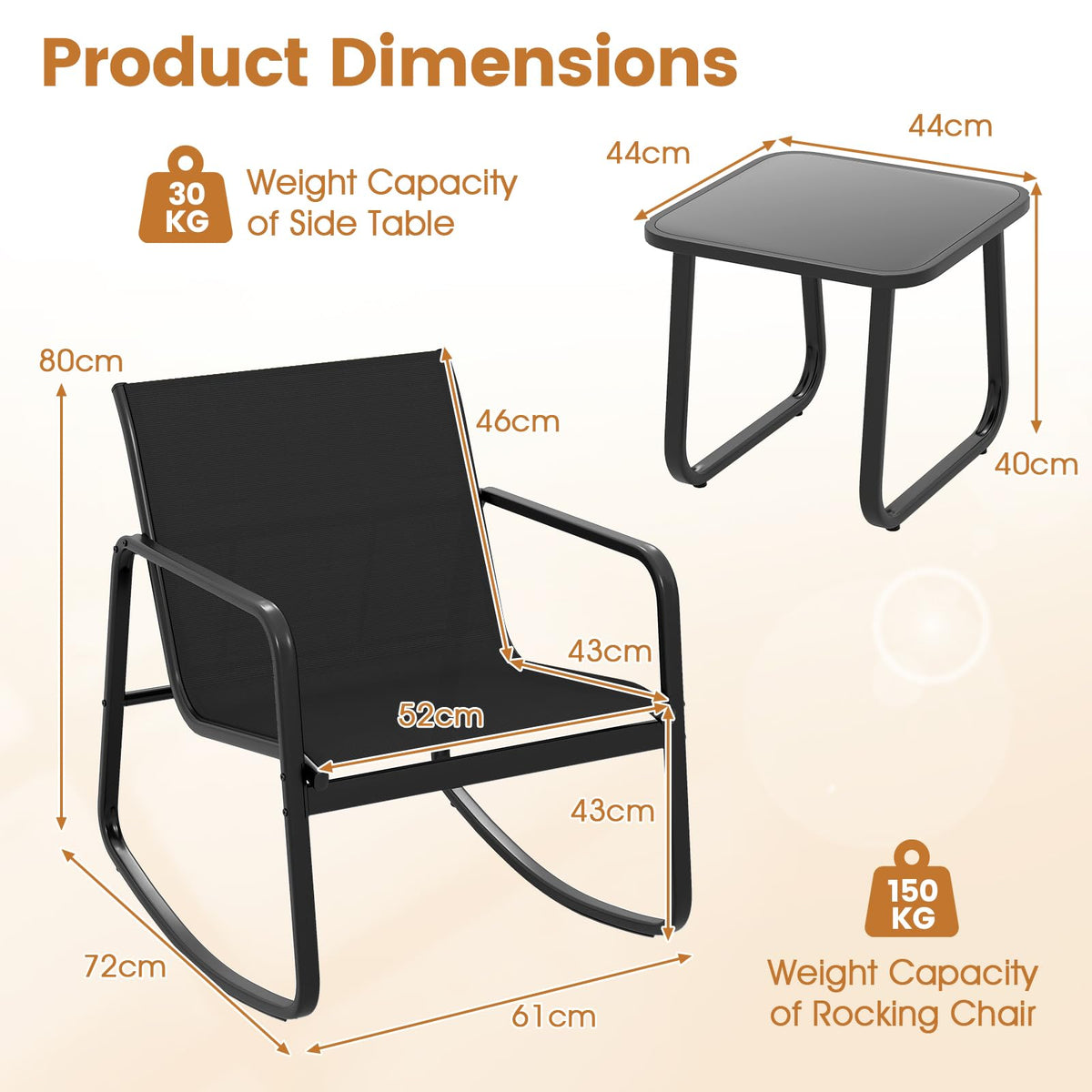 3 Piece Rocking Bistro Set Patio Furniture Set with 2 Rocking Chairs and Coffee Table